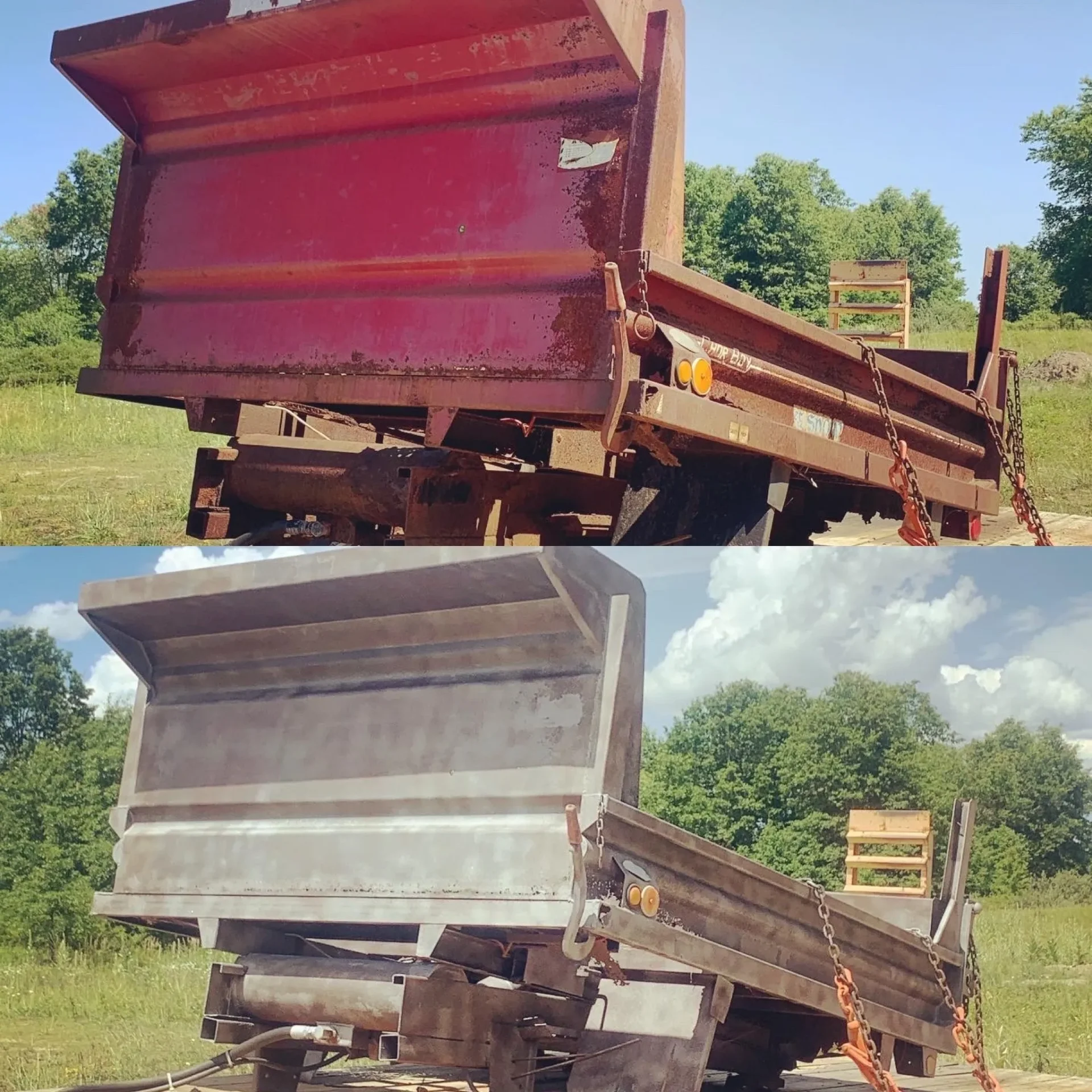 A before and after picture of the back end of a dump truck.